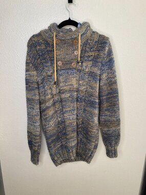 Leif Nelson Mens Knitted Hooded Sweater Blue XL Buttoned Collar Warm Pullover